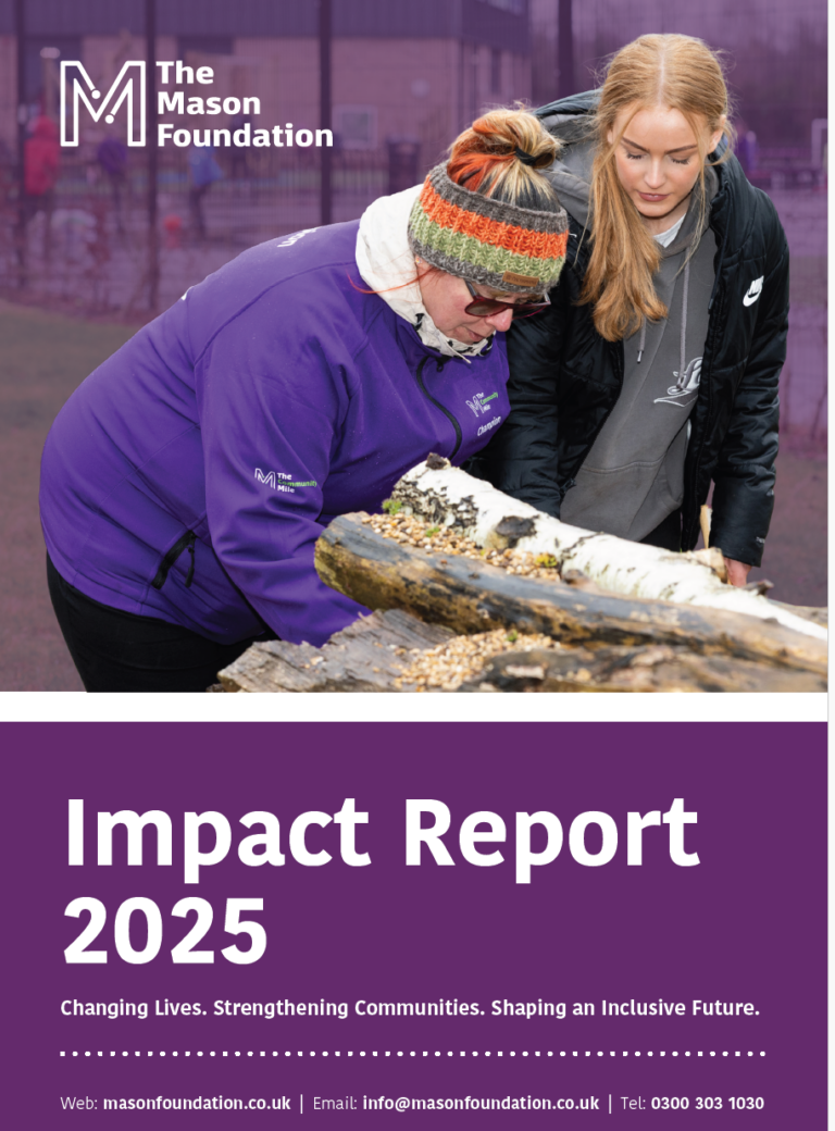 Front cover of an impact report for 2025 from The Mason Foundation, Shows a project officer working on a garden project with a student.
